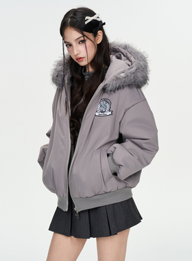 IUNAE LUMEN 2025秋冬新款 街头风大毛领派克服连帽保暖棉服外套