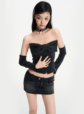 IUNAE LUMEN 2025早秋新款原创复古蝴蝶结牛仔抹胸上衣短裙套装