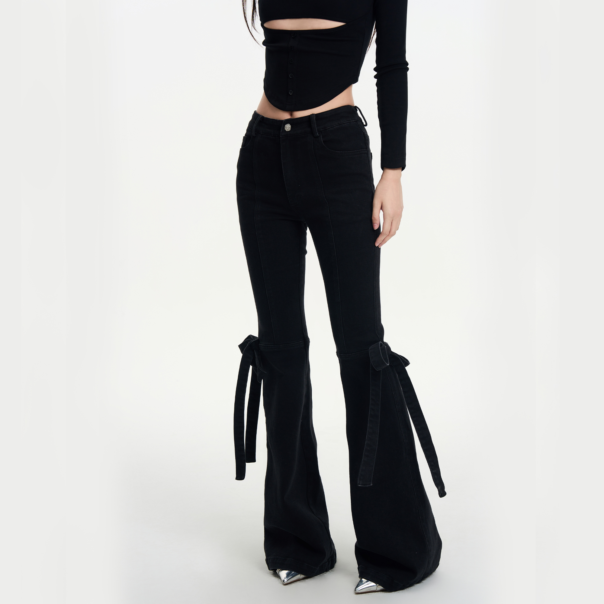 蝴蝶结系带包臀显高显瘦牛仔裤女