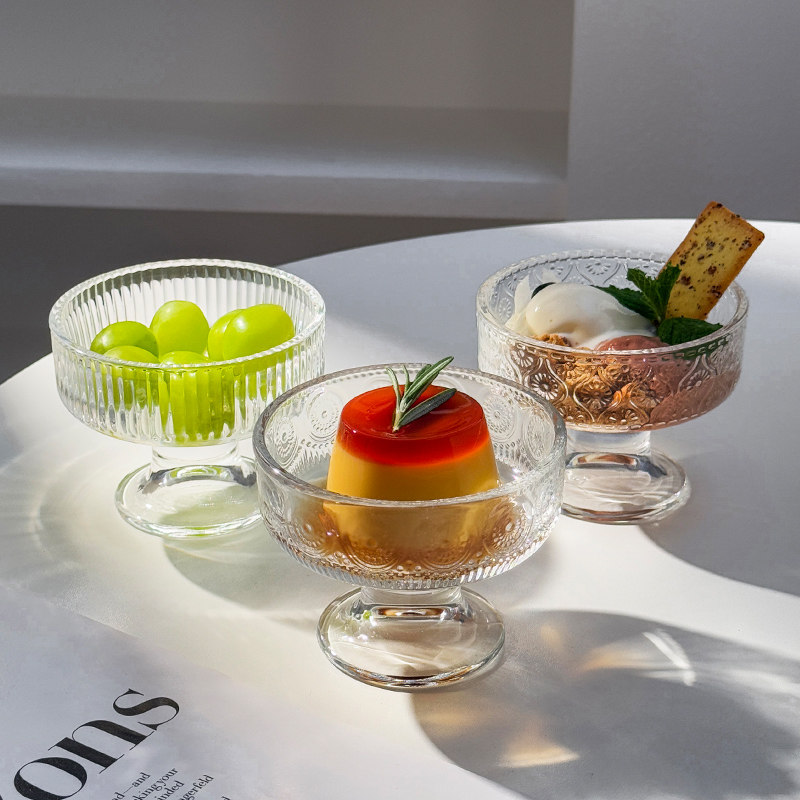 网红风韩式玻璃高脚甜品碗水果碗酸奶杯家用高颜值冰淇淋杯雪糕碗