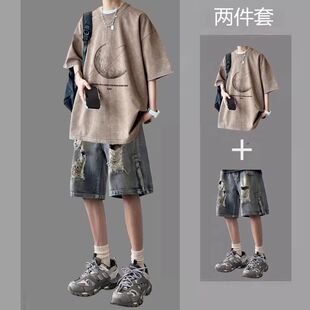 夏青少年纯棉短袖T恤休闲运动套装男士百搭牛仔短裤潮流韩版学生