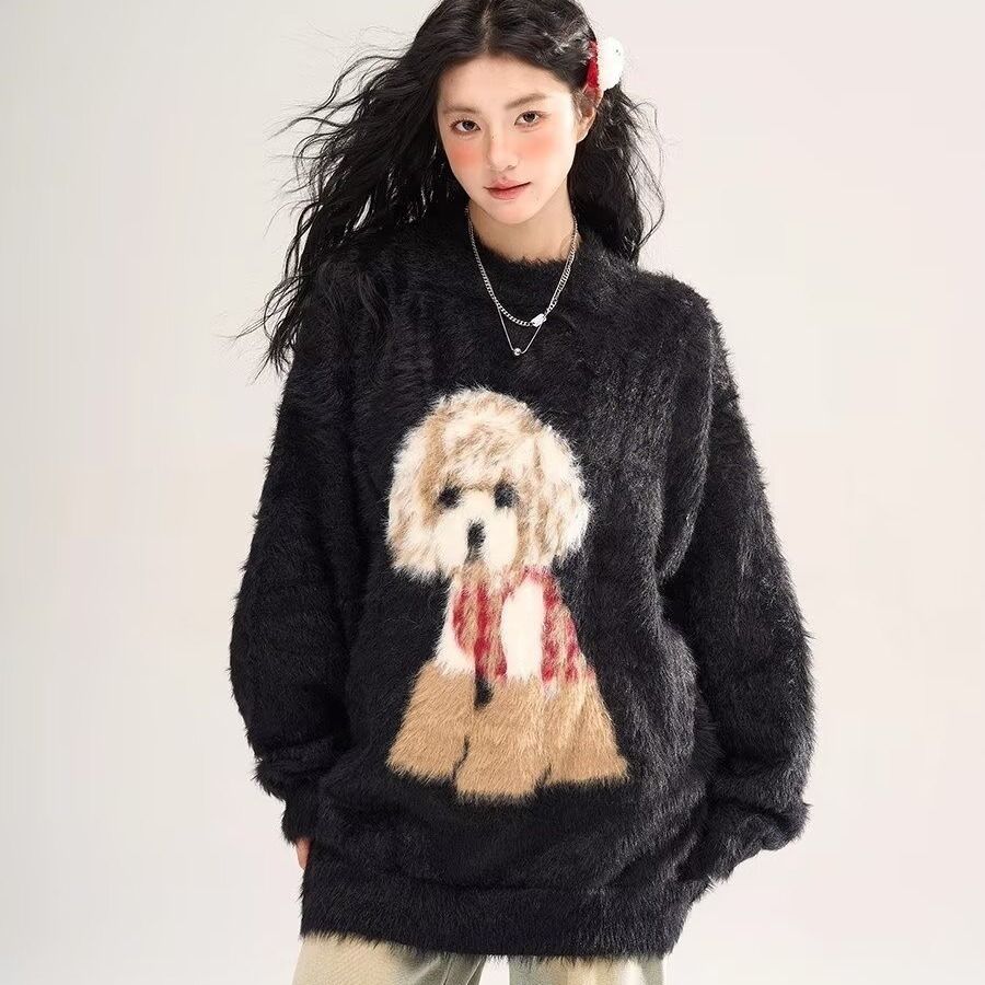 狗套头款秋冬冬季针织毛衣针织衫韩版加厚日系情侣圆领卡通上衣