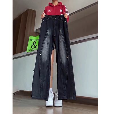 美式工装解构牛仔裤男款直筒青少年秋冬裤子显腿长显瘦高裆微喇裤