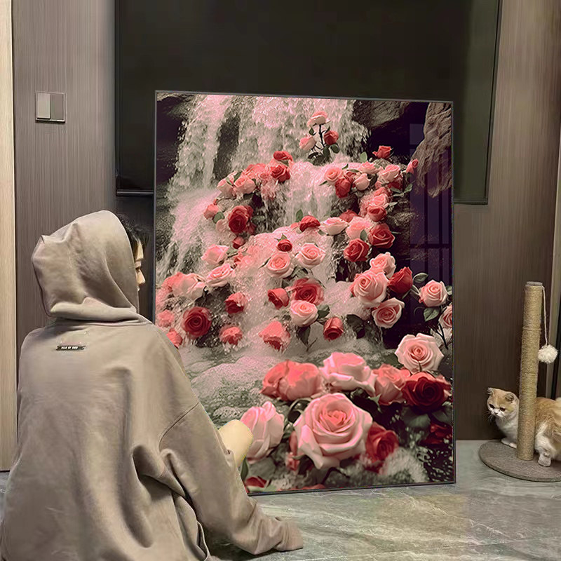 北欧瀑布玫瑰花钻石画 画满钻客厅卧室治愈花卉2025新款手工贴钻