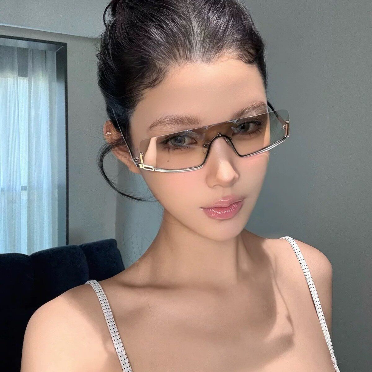 个性金属水银色半框连体Y2K欧美辣妹风墨镜凹造型街拍女太阳眼镜