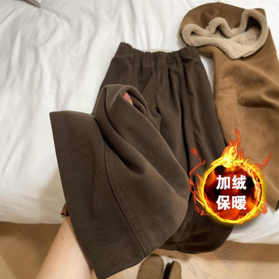 美拉德棕色毛呢阔腿裤子冬加厚女款大码秋休闲卫裤今年流行梧桐裤