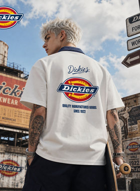 Dickies官方正品美式短袖Polo衫男翻领印花logo白色休闲上衣潮男