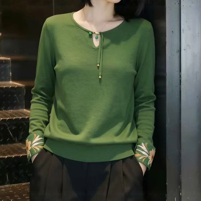 素雅订制国风轻熟优雅东方韵美盘扣针织衫+松 紧腰碎【YL】【SQ】