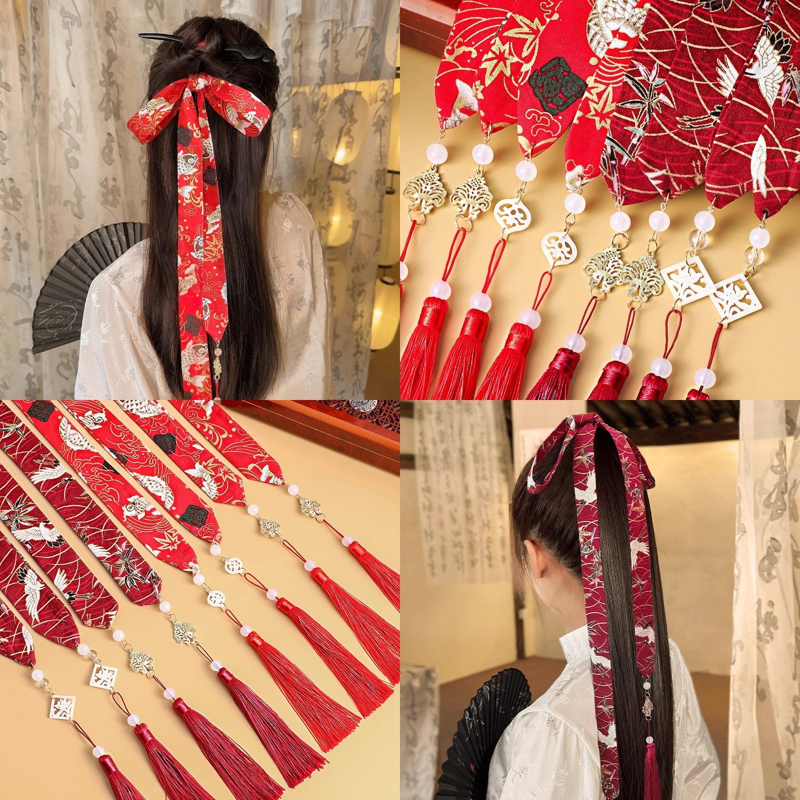 搭配马面裙的配饰女秋冬新年红色发带汉服国风头饰女古风飘带发饰