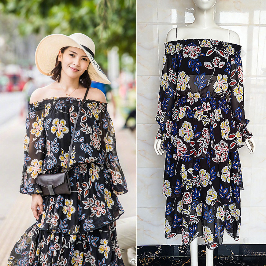 Ode to joy 2 Liu Tao Andy Star Same item black printing Chiffon Dress on vacation Seaside Sandy beach longuettein the Women's clothing/Boutique , Dress  category - from Buy2taobao.com to provide professional Taobao agent buy service