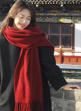 复古红色围巾女冬季针织羊绒