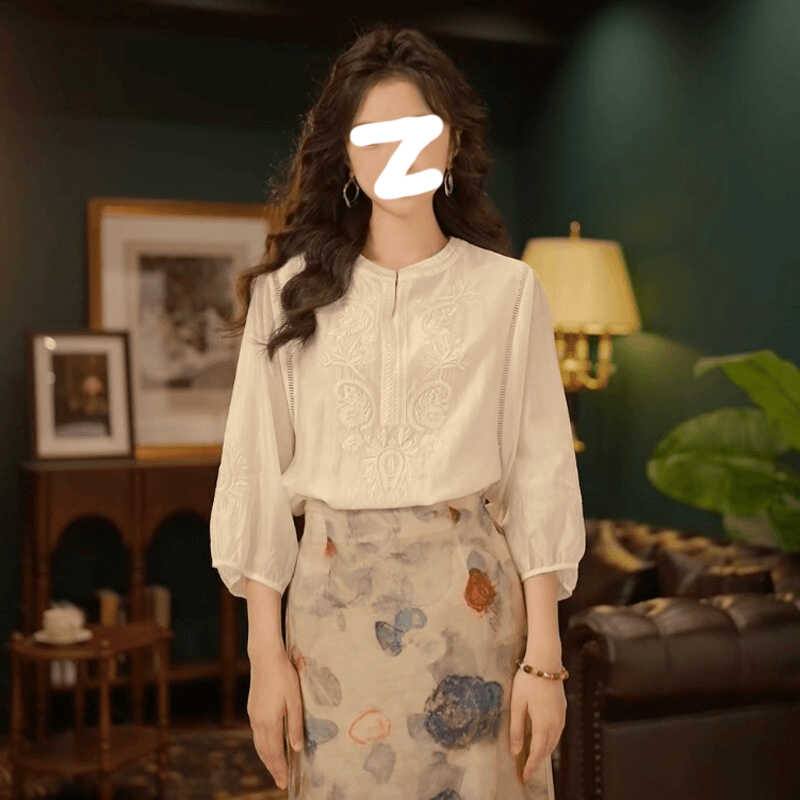 宽松显瘦复古短袖涤纶提花衬衫