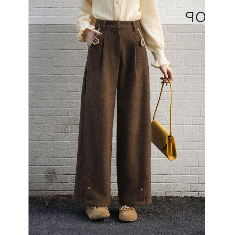 复古港风咖色毛呢阔腿裤秋冬加厚