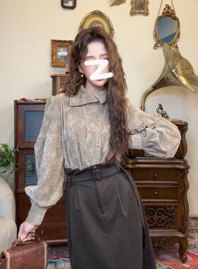 十一港风复古压花不规则领长袖衬衫女秋冬加厚宽松设计感气质上衣