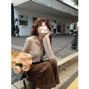 温敏er港风复古拼色坑条毛衣针织衫女秋季修身显瘦慵懒风长袖上衣