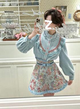 一生罗曼复古港风荷叶边长袖衬衫女冬季厚加绒宽松设计感气质上衣