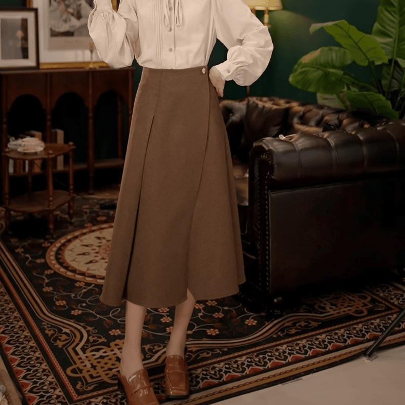 纯色半身裙毛呢A字裙中长裙复古
