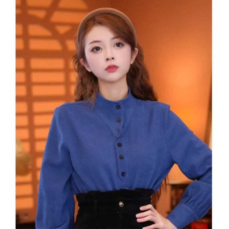 港风复古蓝色长袖衬衫女秋冬上衣
