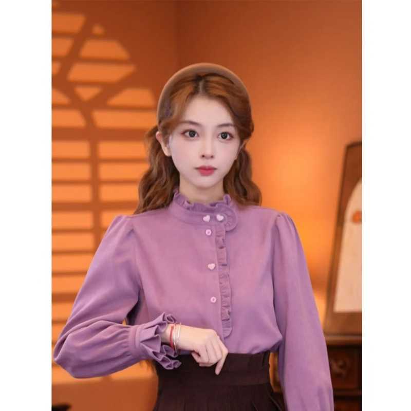 港风复古木耳荷叶边长袖衬衫秋冬