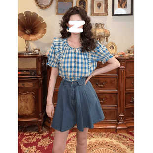一生罗曼复古港风格子短袖衬衫女夏设计感木耳边刺绣提花气质上衣