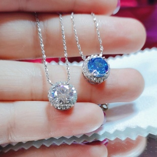 S925纯银18K铂金高碳钻石蓝色海洋满天星钻项链女 吊坠锁骨链礼物