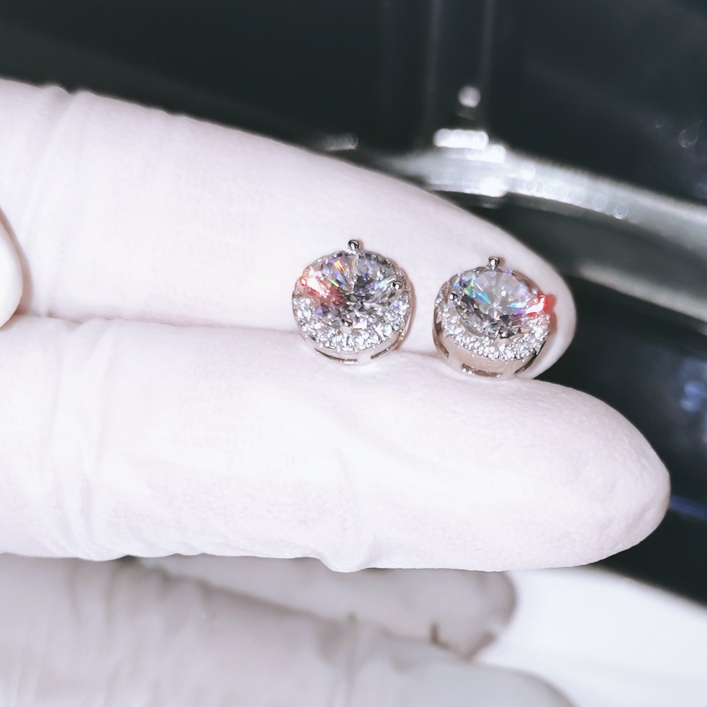 925纯银18k铂金钻石耳钉女