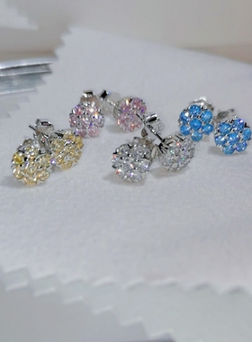 S925纯银耳针高碳钻石蓝色粉色黄色小花耳钉女耳环耳饰节日送礼物