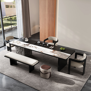 侘寂风实木双拼大理石茶台茶桌轻奢简约长方形办公室家用高端泡茶