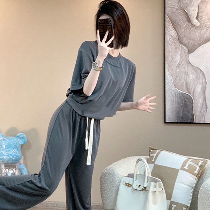 小香风短款短袖薄款休闲套装女夏季2026新款气质阔腿裤运动两件套