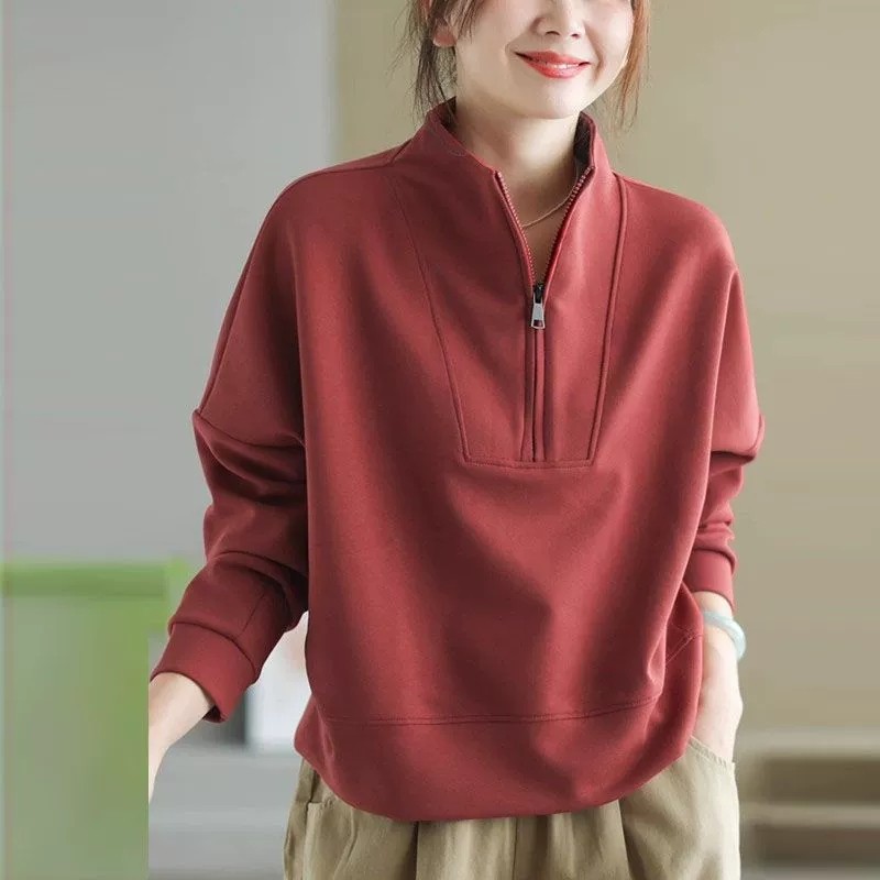 加绒保暖蝙蝠袖百搭半拉链卫衣女