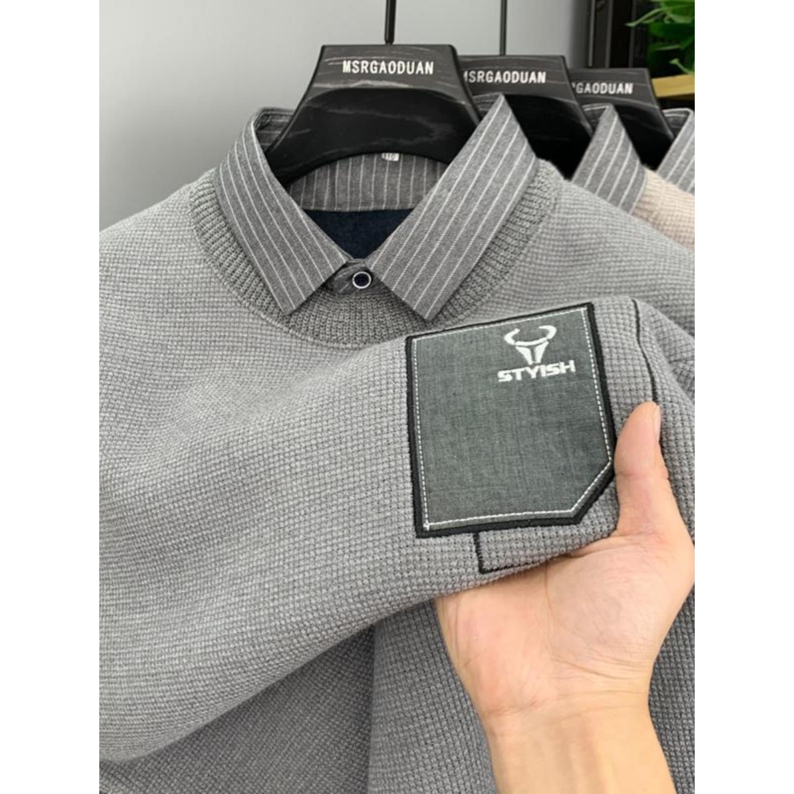 衬衫领假两件毛衣男加绒加厚宽松冬季一体绒保暖针织打底衫男外套