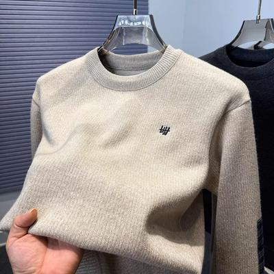 奥利绒刺绣卫衣男秋冬季男款加绒加厚圆领套头衫纯色休闲上衣服潮