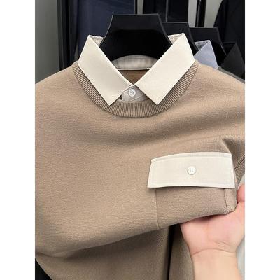 假两件毛衣男士春秋冬季潮流衬衫领针织衫男装毛衫打底衫男款线衣