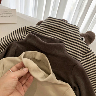 奥绒男童半高领打底衫 条纹t恤女童宝宝磨毛纯棉内搭 秋冬儿童长袖