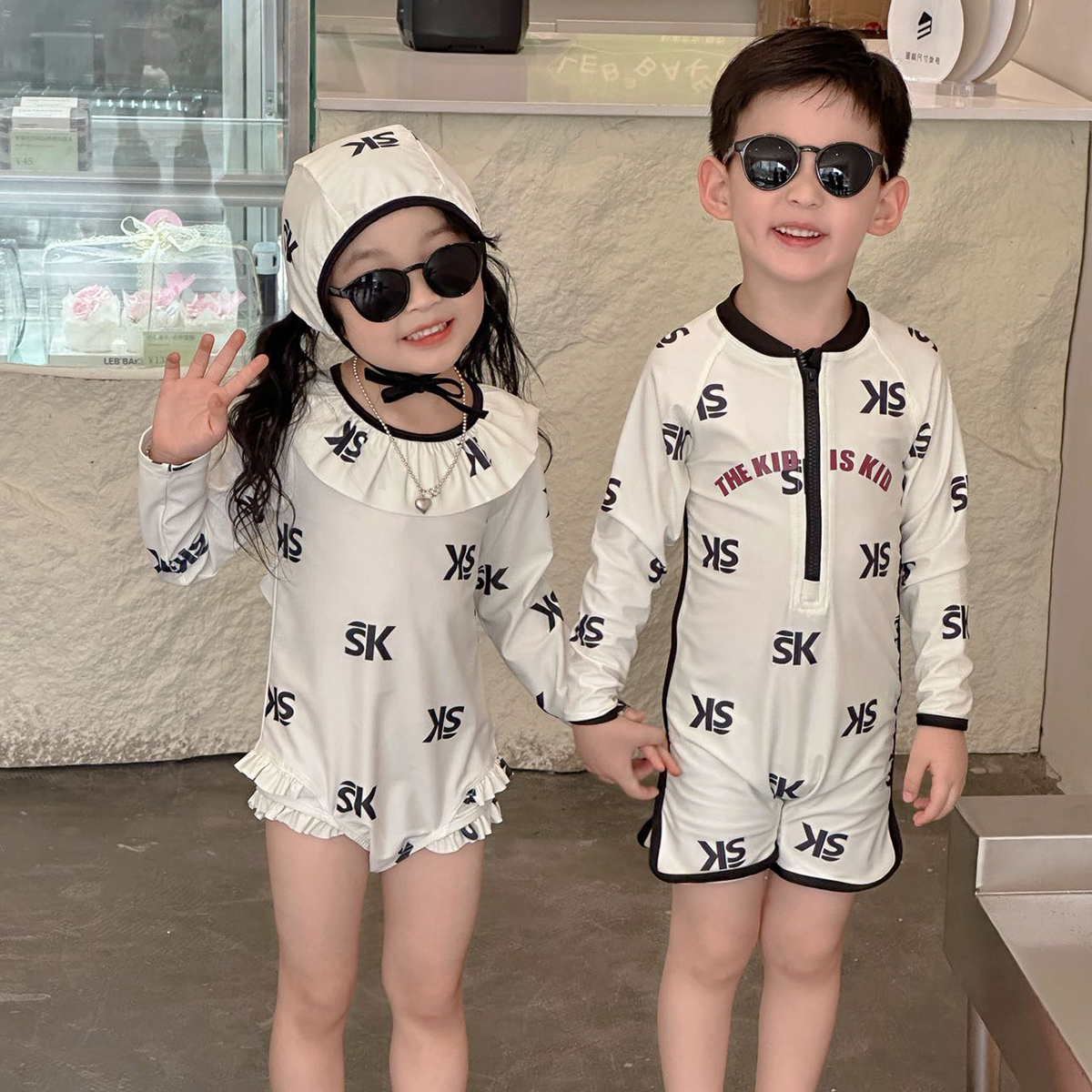 儿童连体游泳衣兄弟装男女童长袖防晒速干泳装韩国宝宝泡温泉衣服