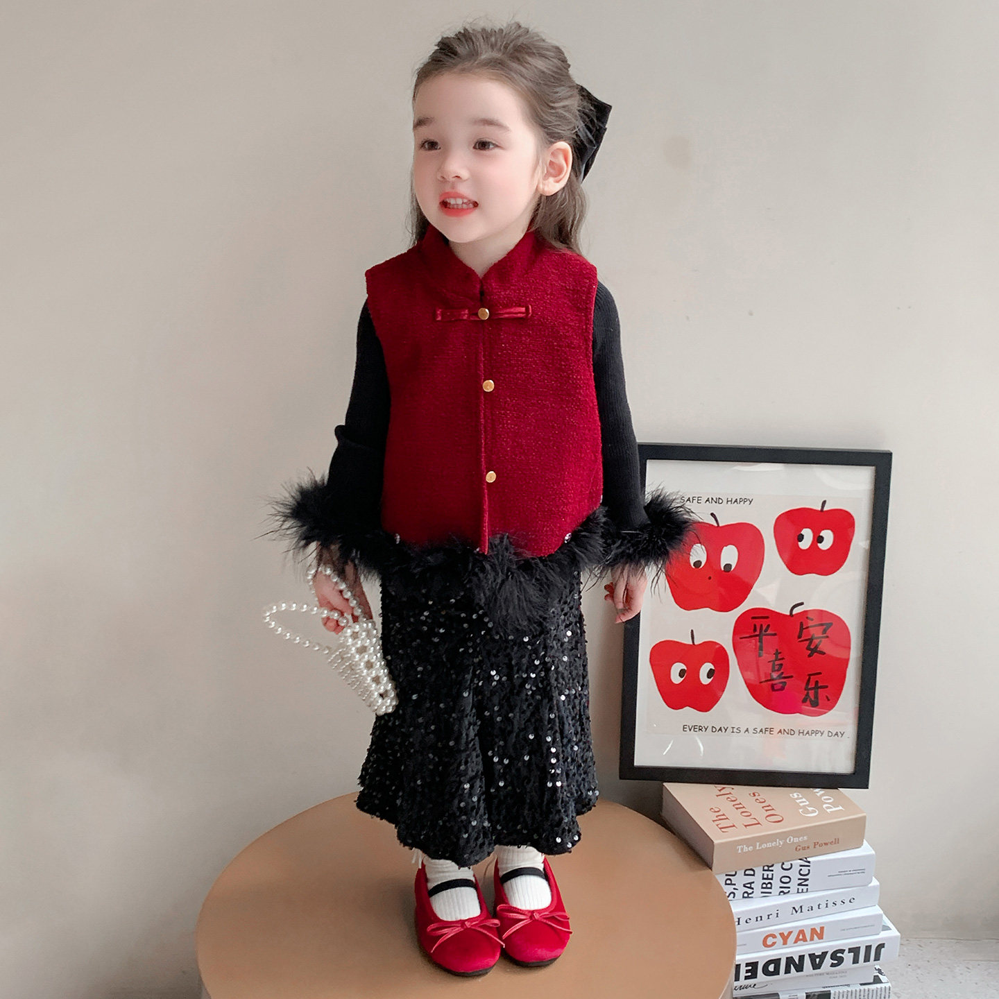 女童过年服三件套冬季儿童新中式鱼尾裙唐装女孩宝宝红色拜年服装