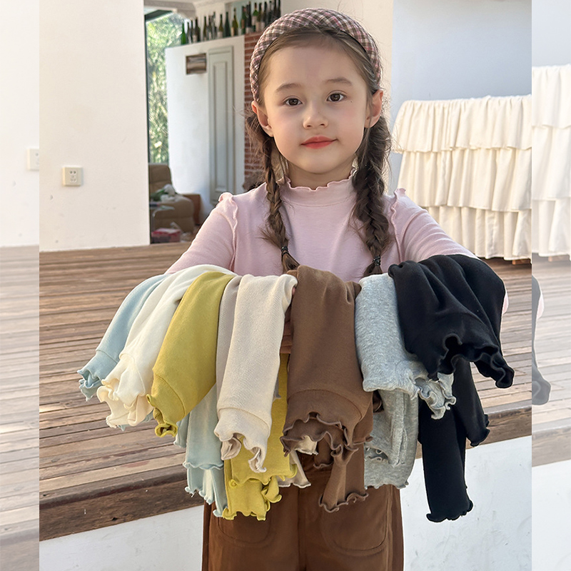 女童木耳边打底衫春秋冬款儿童半高领内搭中大童甜美花边t恤上衣