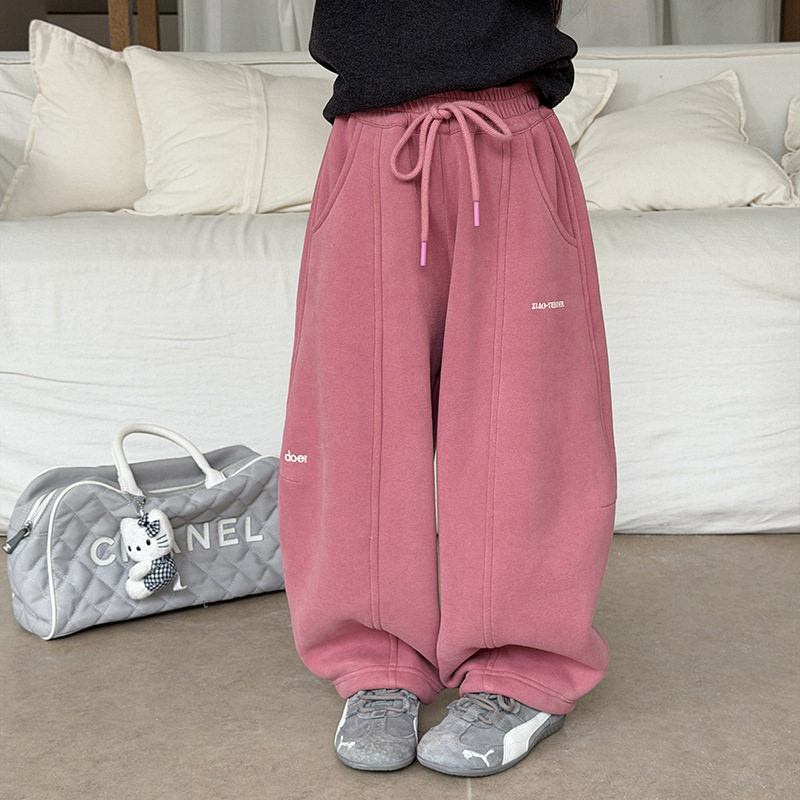 女童加绒卫裤秋冬儿童一体绒粉色运动裤子韩版女孩宝宝加厚休闲裤