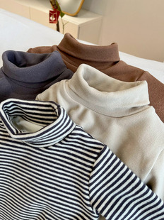 儿童高领打底衫加绒秋冬装新款男童长袖t恤女童条纹保暖上衣体恤