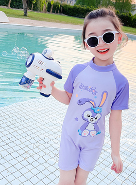 星黛露女童连体泳衣夏季儿童紫色短袖游泳衣女孩宝宝温泉度假衣服