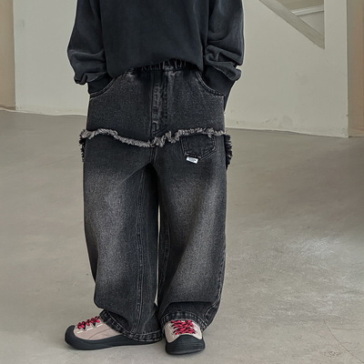 男童黑色牛仔裤春秋季儿童复古设计感裤子韩版帅气男孩秋装直筒裤