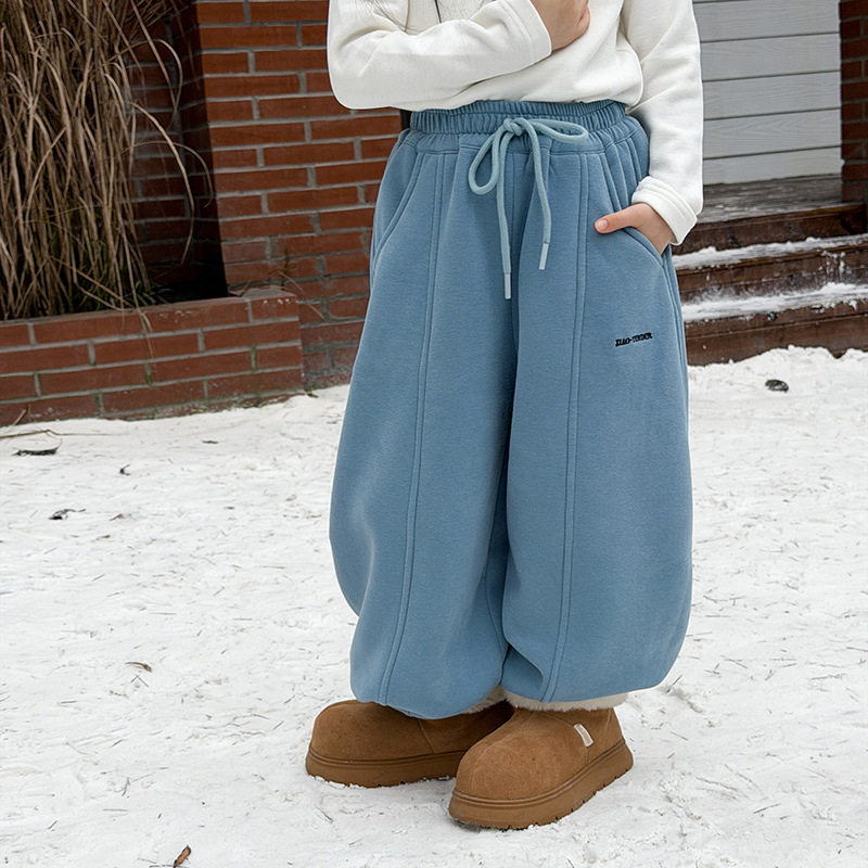 女童加绒卫裤秋冬儿童一体绒蓝色运动裤子韩版女孩宝宝加厚休闲裤