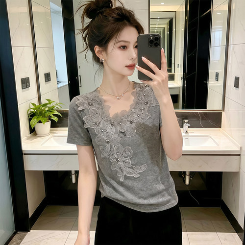 法式大码女装蕾丝拼接短袖T恤2026夏季胖mm宽松显瘦减龄修身上衣