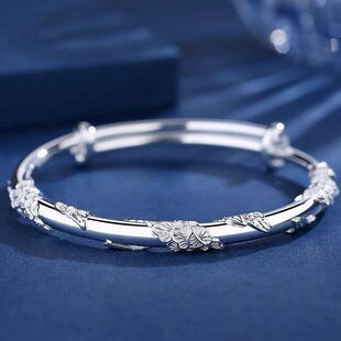 银镯子纯银999手镯女繁华似锦蝴蝶挂坠实心手环送女友花芯百搭