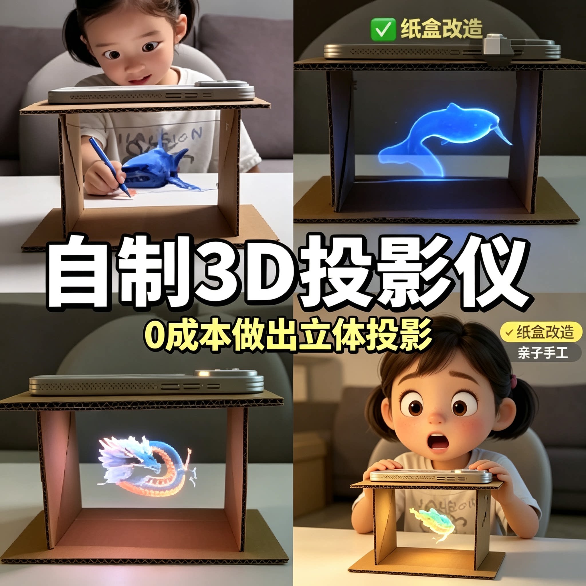 纸盒改造自制3D全息投影仪0成本亲子手工科学实验教程