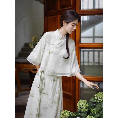 新中式国风汉服套装女夏季优雅气质复古禅意改良旗袍连衣裙两件套