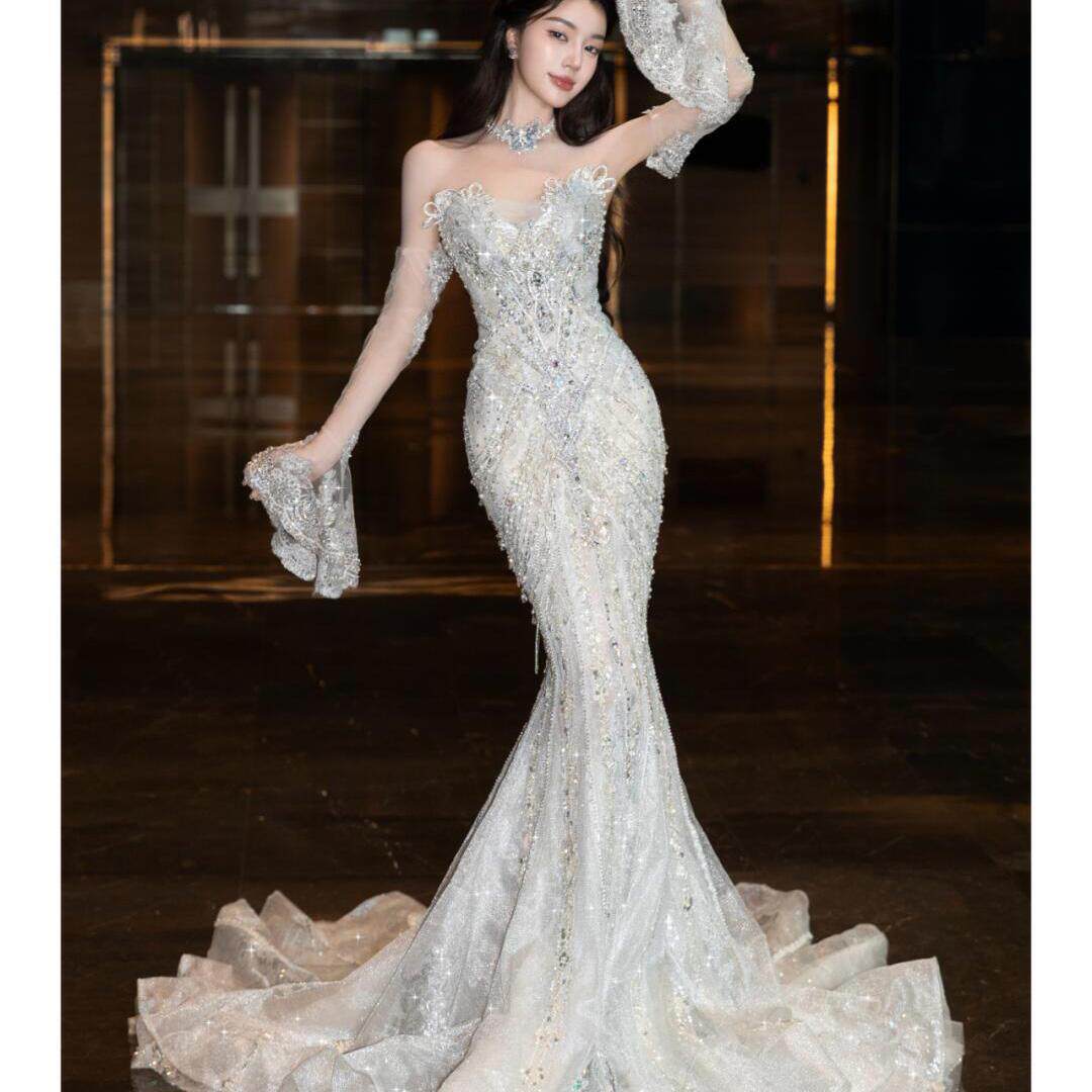 2024新款重工奢华高端鱼尾婚纱敬酒服女包臀一字肩礼服轻奢法式