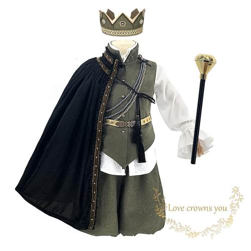 万圣节男儿童扮演中古加冕王子骑士高品质奢华披风演出服套装包邮