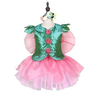 儿童女孩玫瑰仙子短舞蹈裙花精灵有花朵翅膀扮演服裙子舞台走秀