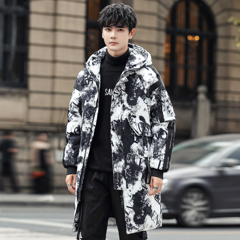 韩版潮流秋冬季中长款迷彩羽绒服